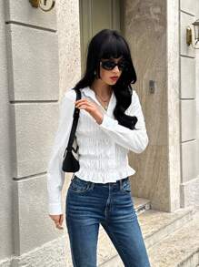 SHEIN Unity Camisa de mujer de unicolor con volantes en el bajo y botones al frente, para uso diario - Blanco - Ver 3