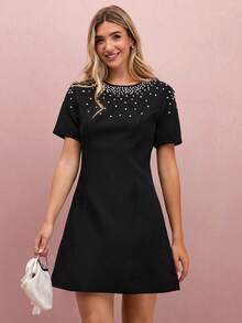 Vestido elegante de mujer decorado con cristales y perlas, para verano - Negro - Ver 4