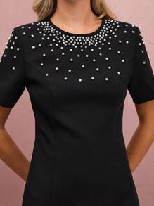Vestido elegante de mujer decorado con cristales y perlas, para verano - Negro - Ver 3