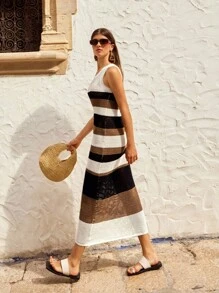 Maija Robe en tricot ajustée sans manches à motif rayé bicolore, décontractée pour femme - Multicolore - Voir 4
