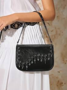 SHECARRY Bolso de hombro de metal de unicolor y versátil con ojales, apropiado para uso diario de mujeres - Negro - Ver 5