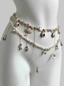 ROMWE 1pc Women's Beach Vacation Style Double Layer Baroque Pearl Shell Conch Tassel Waist Chain - Multicolor - View 2