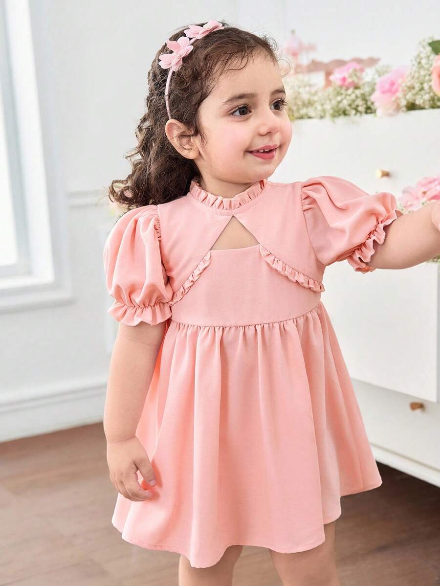 Robe ajustée à manches bouffantes de couleur unie pour bébé fille - Rose bonbon - Voir 1