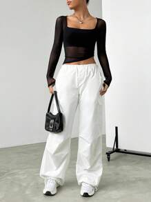 SHEIN EZwear Spring Black Square Neck Asymmetrical Hem Crop Mesh Date Night Top - Black - View 6