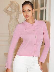 Chiquease Cárdigan casual de mujer de un solo botonadura, de unicolor y de manga larga con costillas - Rosado Sandía - Ver 4