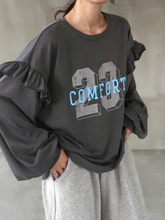 FRIFUL Camiseta holgada de manga larga con cuello redondo, estampado de letras y detalle de volantes para mujer