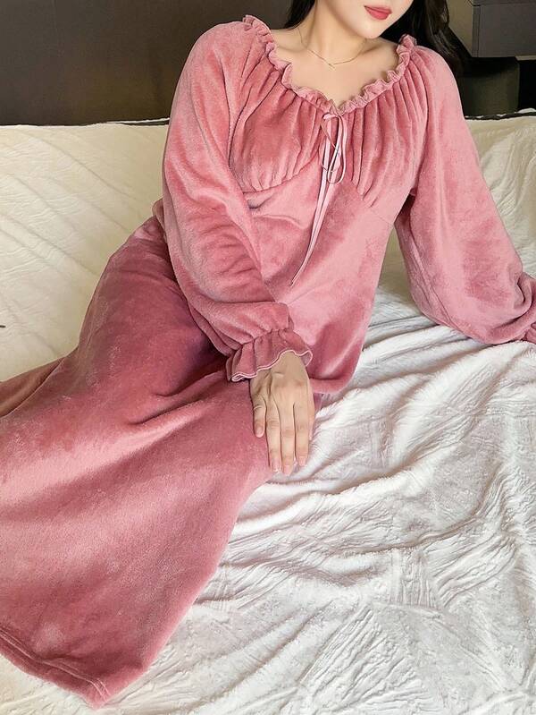 Dazy Plus Plus Size Women Pleated Ruffle Hem Waist Thickened Fleece Fluffy Nightgown, Autumn/Winter,Thermal Lined, Fall, Cozy