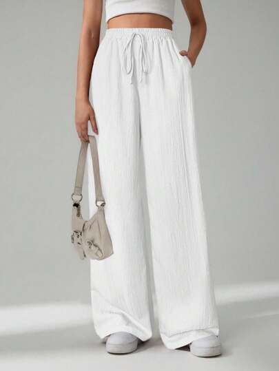 SHEIN Tall بنطلون نسائي فضفاض بخصر مربوط وجيوب، ذو ساق واسعة وقصة مريحة