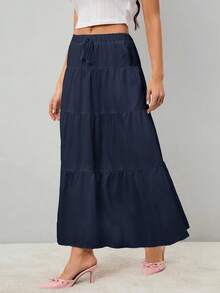 SHEIN Tall 女士纯色高腰系带荷叶边下摆长裙 - 藏蓝色 - 查看 4