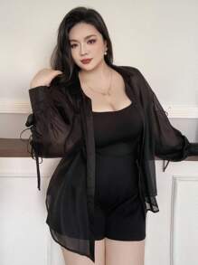 Dazy Plus Blusa transparente de manga larga con cuello, mangas farol sueltas, con lazo delantero y diseño hueco para el otoño - Negro - Ver 7