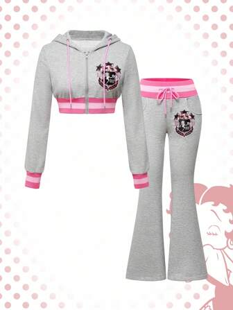 Betty Boop | ROMWE 2 pièces Ensemble Sweat-shirt et pantalon évasé femme sportif et sexy avec broderie et strass