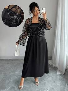 Elenzga Plus Size Summer Elegant Solid Color Camisole Dress And Rhinestone Mesh Jacket 2 Pieces Set Fall Cloth For Women - Black - View 1
