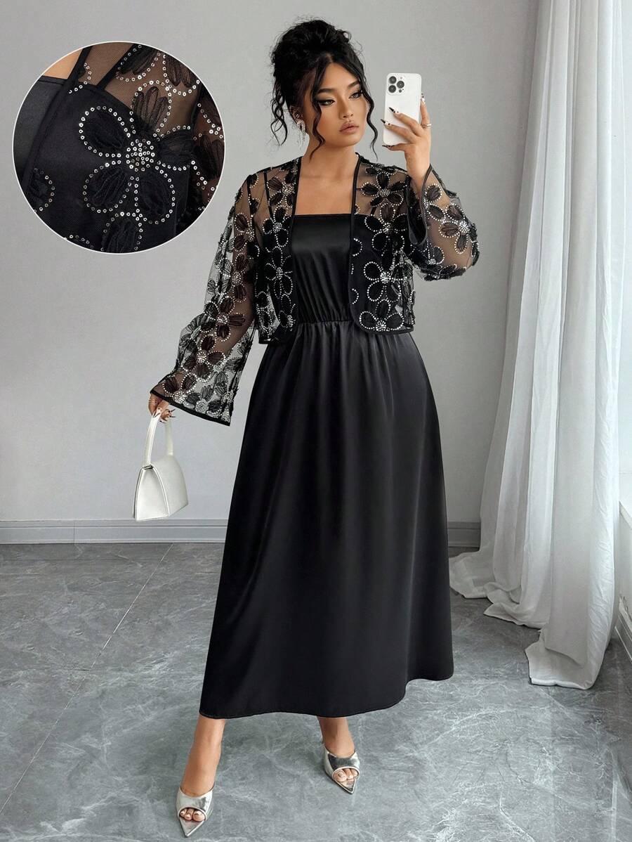Elenzga Plus Size Summer Elegant Solid Color Camisole Dress And Rhinestone Mesh Jacket 2 Pieces Set Fall Cloth For Women - Black - View 1