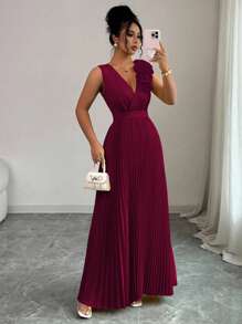 Elenzga Váy chữ A thanh lịch cổ chữ V thắt eo màu vàng kem họa tiết hoa chắp vá dành cho nữ, mùa hè - Màu Đỏ Sâu - Xem 4