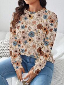 EMERY ROSE Plus Size Women Vintage Floral Print Loose Crew Neck Long Sleeve T-Shirt, Casual Autumn Winter