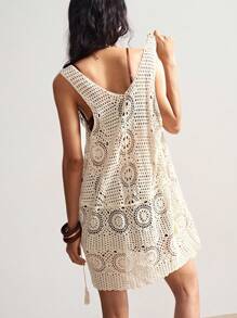 Bohemela 女士花卉镂空无袖低领针织度假连衣裙 - 杏色 - 查看 4