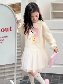 DAZY Young Girls Round Neck Knitted Fleece Printed Contrast Mesh Dress, Fall,Winter - Beige - View 6