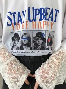 FRIFUL Women's White Round Neck Drop Shoulder Sheer Lace Patchwork Chest Print Loose Casual Versatile T-Shirt, Autumn - White - View 6