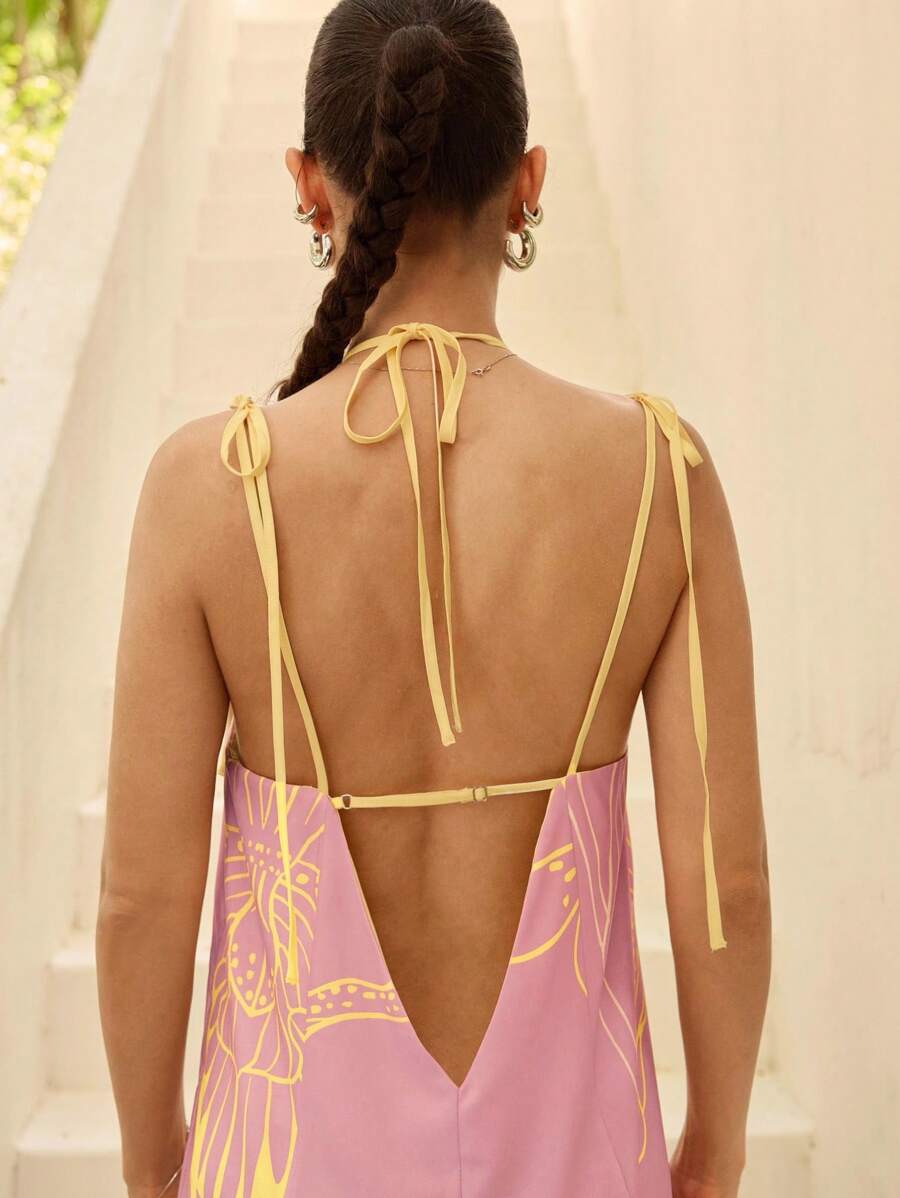 Sunsella Print Tie Spaghetti Straps A Line Maxi Dress Summer Women Vacation Holiday Outfit - Multicolor - View 1