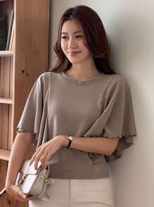 DAZY قميص تي شيرت نسائي بأكمام قصيرة مزين بالكشكشة والرقعات، ملابس أنيقة للمكتب، مناسبة للتنقل والحفلات والزفاف - كاكي - مشاهدة 9