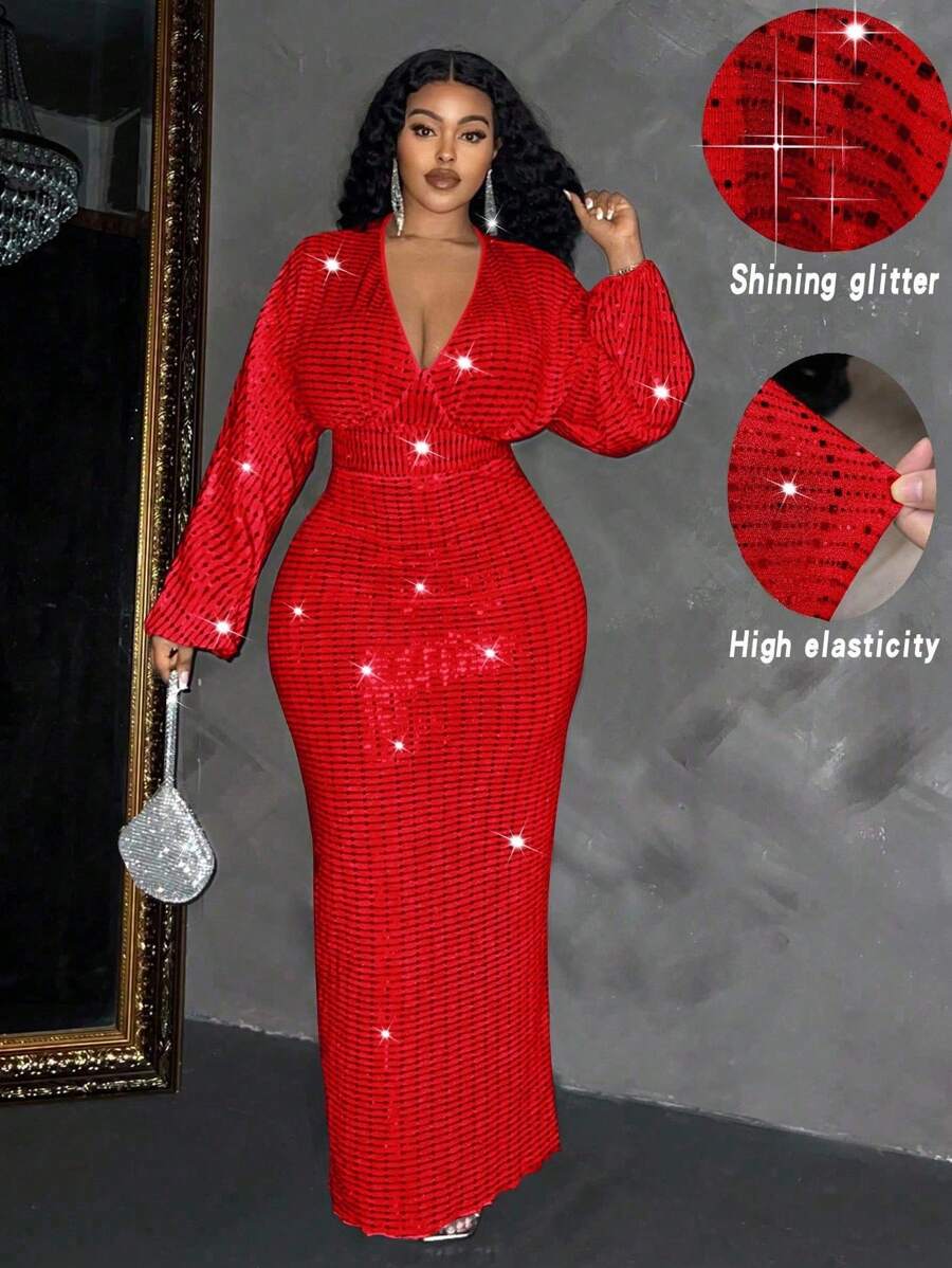 Maweii Đầm maxi dự tiệc cỡ lớn dành cho nữ, gợi cảm, cổ chữ V sâu, tay phồng, đính sequin, màu đỏ. - Đỏ - Xem 1