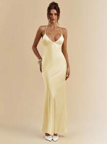 SHEIN BAE 杏色和白色深V领细肩带超长露背系带缎面美人鱼连衣裙，优雅连衣裙，度假连衣裙，伴娘连衣裙，生日派对连衣裙，毕业礼服，白色连衣裙 - 黃色 - 查看 5