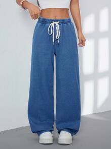 Flexra Elastic Waist Drawstring Cat's Whiskers Distressed Washed Knit Denim Pants - Medium Wash - View 5