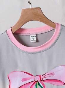 2pcs Tween Girls Cartoon Print Short Sleeve Round Neck Fitted Tee And Bib Overall Pants Set, Suitable For Spring/Summer - Pink - View 5