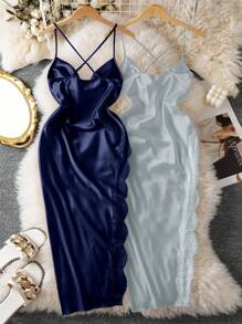 Sleeveless Multicolor Satin Sleep Dress With Lace Trim And Elegant Silky Finish Satin Dress Silky Dress Lace Trim Dress Slip Dress Cowl Neck Dress - Multicolor - View 2