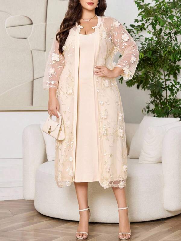 Reflora Plus Size Women 2Pcs Set: Elegant Spaghetti Strap Holiday Dress & 3D Floral Embroidered Sheer Mesh Cover Up,2 Piece Plus Size Embroidered Mesh Cardigan Jacket And Fitted Dress Set, Elegant Party Outfit Summer Outfits For Women Plus Size Women Clothes Teacher Outfits For Women Office Outfits For Women Women Summer Clothes Ropa De Verano Mujer Festival Outfits For Women Going Out Outfits Summer Clothes Women Ropa Elegante De Mujer Plus Size Women Clothes Set Plus Size Set Women Suit Set 2pc Set Women Plus Two Piece Set Women Conjunto De Dos Piezas Mujer Women Two Piece Sets Summer Two Piece Set Conjuntos De 2 Piezas Para Mujer 2 Peice Summer Outfits Women Two Piece Summer Outfits Two Piece Summer Set,Fall Women Clothes,Back To School,Homecoming ,Teacher Outfits For Women,Teacher Outfits,Modest