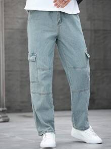 Manfinity Homme 宽松版型男式棉质工装牛仔裤，带翻盖口袋 - 藍色 - 查看 3