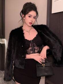 Livesso Women's Elegant Solid Color Jacket, Autumn/Winter - Black - View 1
