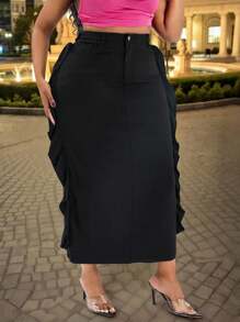 TrendSteals Plus Size Women Black Elastic Ruffled Hem Fitted Casual A-Line Skirt, Autumn Vacation Fall Cloth For Women - Black - View 6