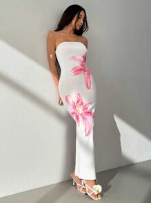 SHEIN PETITE Women's Elegant Floral Print Strapless Dress, Summer