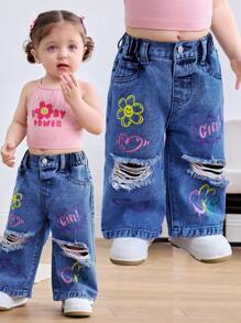 SHEIN 女婴 Y2K 花卉笑脸印花宽松蓝色破洞牛仔裤，春夏休闲度假乡村波西米亚风装 - 深色水洗藍 - 查看 7