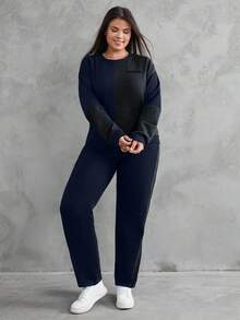 EURMUSE Sudadera y pantalón de chándal con bloqueo de color y gráfico de letra de algodón - Azul Marino - Ver 6