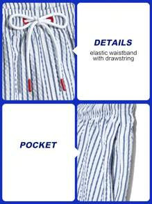 Manfinity KASUA Men's Striped Print Pocket Drawstring Waist Beach Shorts, Suitable For Summer Men Blue And White Swim Trunks Men Swim Trunks Beach Clothes For Men