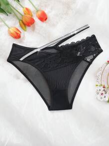 SHEIN 女士时尚银丝带拼布蕾丝网眼内裤 - 黑色 - 查看 7