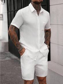 Manfinity CasualCool Bộ đồ nam gồm áo sơ mi ngắn tay và quần short đơn sắc tối giản hàng ngày, bộ đồ vải lanh trắng hai mảnh cho nam, bộ đồ nam hai mảnh mùa hè, bộ đồ quần short trắng hai mảnh cho nam - trắng - Xem 4