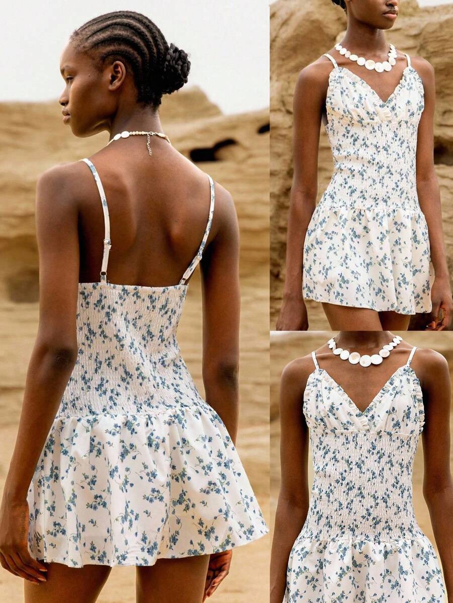 Lumivelle 女式印花弹力褶皱V领吊带背心迷你连衣裙/夏季沙滩裙 - 彩色 - 查看 1