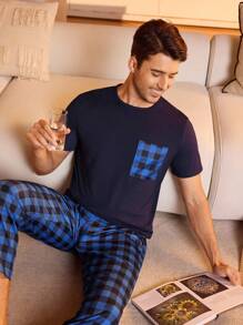 Manfinity Underwear&Sleepwear Basics Men's Casual Plaid Pocket Short Sleeve Top And Pants Pajama Set - Navy Blue - View 3