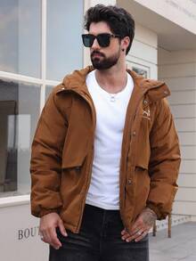 DAZY 男士厚棉衣，字母图案印花，连帽设计，大口袋，冬季夹克 - 棕色 - 查看 4