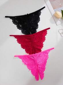 3pcs/Pack Sexy Lace Crotchless Panties, Going Out - Multicolor - View 2
