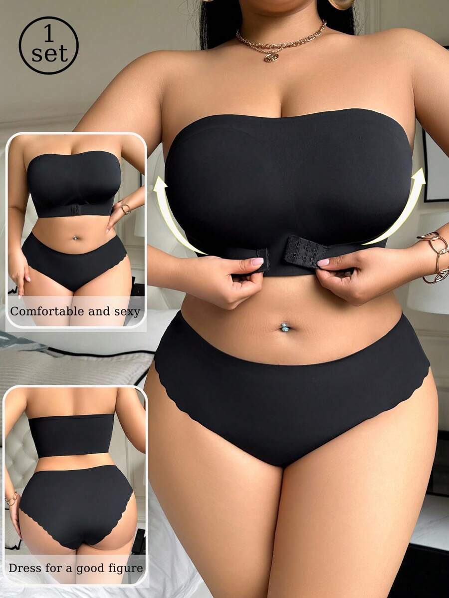 SHEIN 2 piezas Set de ropa interior sin costuras de talla grande - Negro - Ver 1