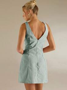 Avantive 夏季新款女士无袖露背A字粉色条纹迷你连衣裙 - 綠色 - 查看 2