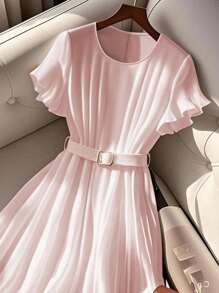 Franclia 优雅长款法式休闲腰带连衣裙，适合夏季穿着，适合大学生穿着。