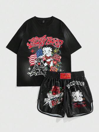 Betty Boop | ROMWE Men's 2pcs Casual Letter & Figure Graphic Round Neck Short Sleeve T-Shirt And Shorts Set, Summer