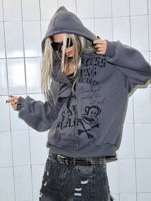 Paul Frank X ROMWE Casual Graphic Women Kpop Y2K Oversized Monkey Print Zip Up Hoodie - Grey - View 2