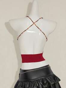 SHEIN ICON Women's Red Beaded Spaghetti Strap Backless Sexy Camisole - Burgundy - View 2