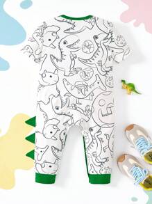 CoComelon X SHEIN 男婴恐龙全身印花撞色边连体裤 - 綠色 - 查看 2
